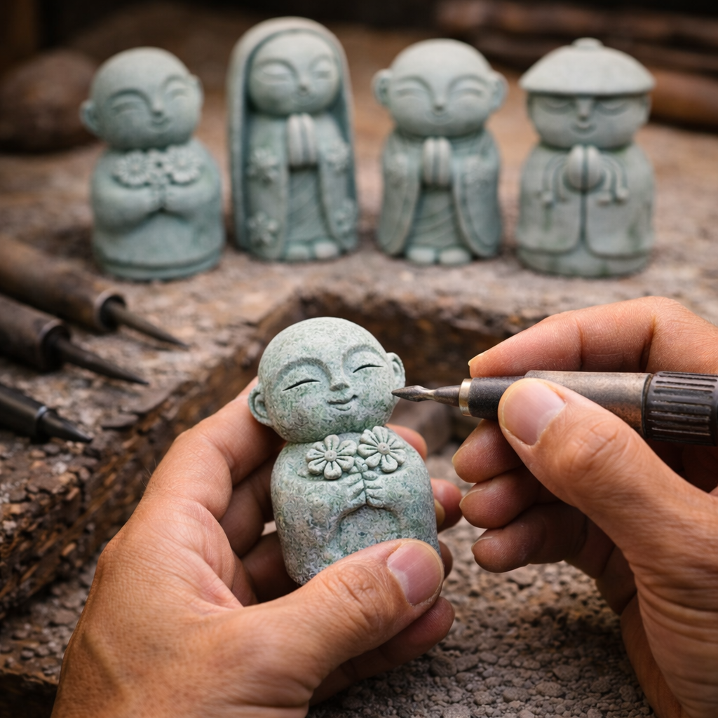 KaizenScrolls™ Handcrafted Stone Zen Jizo Statue Full Set