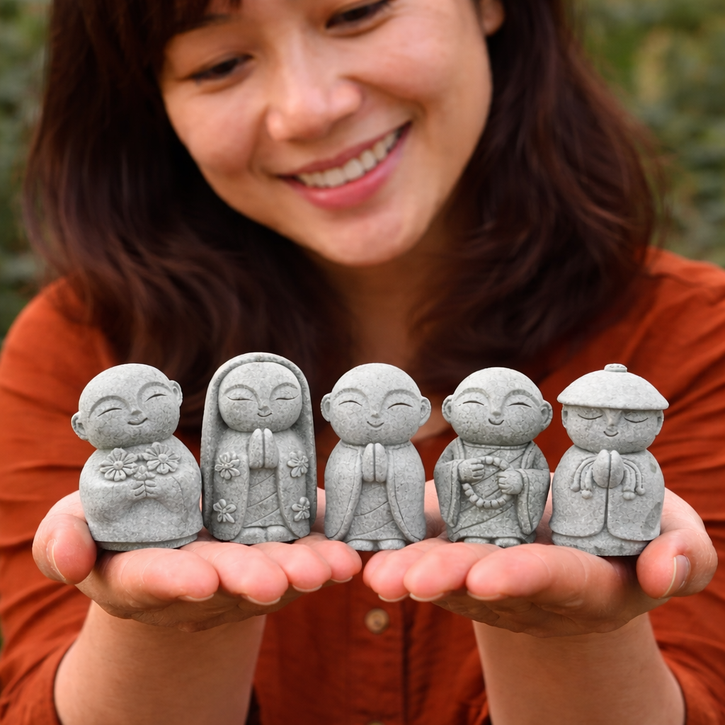 KaizenScrolls™ Handcrafted Stone Zen Jizo Statue Full Set
