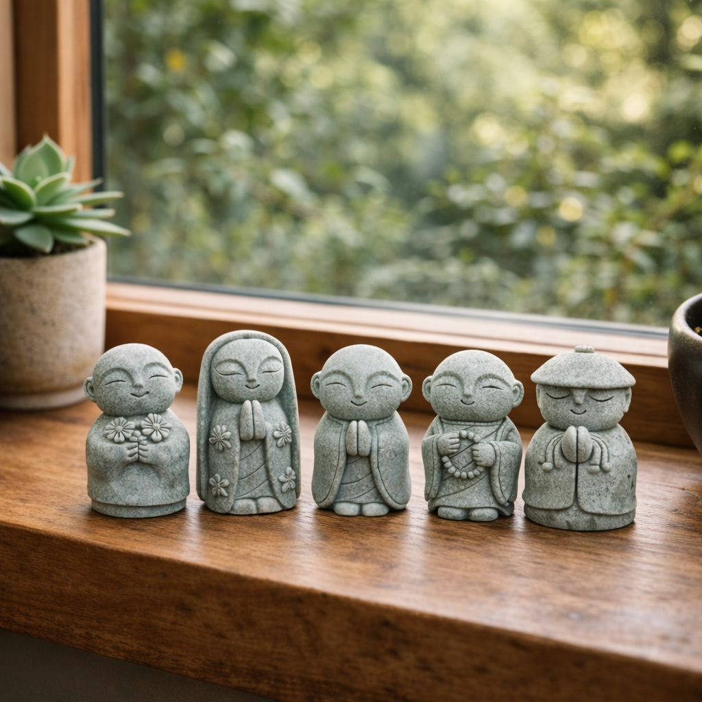 KaizenScrolls™ Handcrafted Stone Zen Jizo Statue Full Set