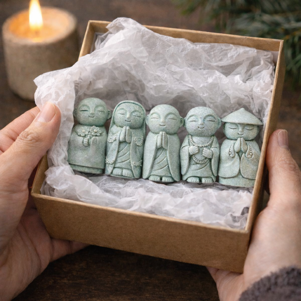 KaizenScrolls™ Handcrafted Stone Zen Jizo Statue Full Set