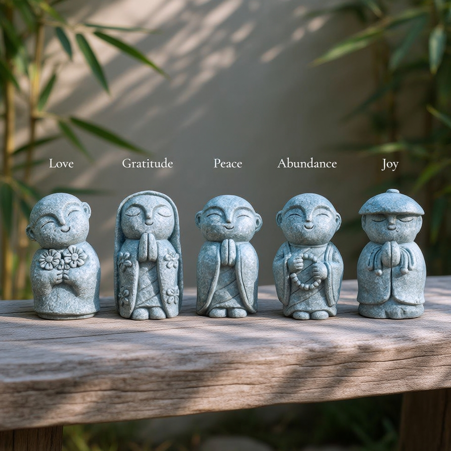 KaizenScrolls™ Handcrafted Stone Zen Jizo Statue Full Set