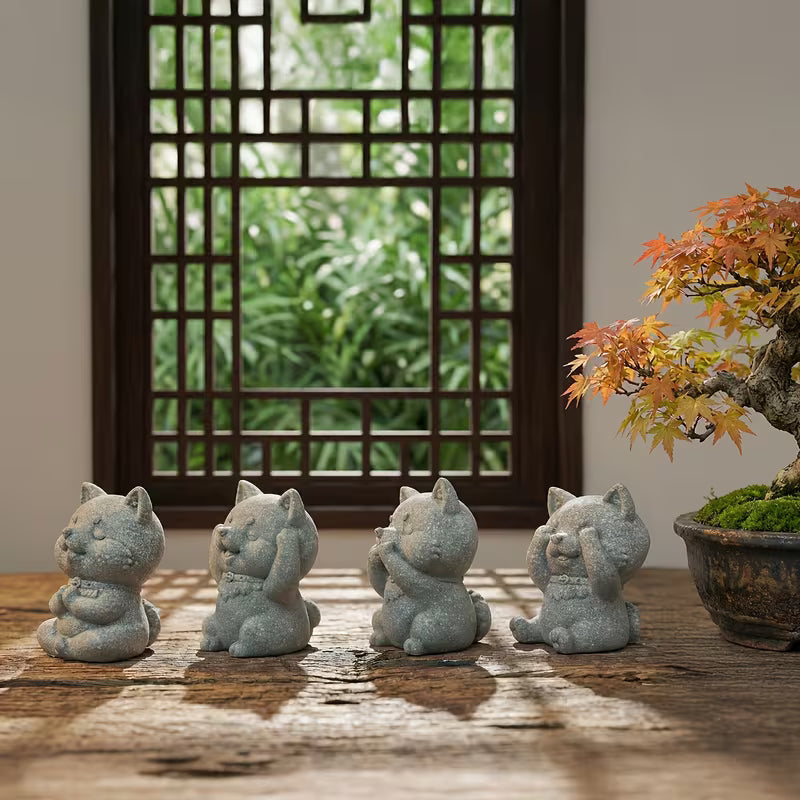 KaizenScrolls™ Handcrafted Stone Zen Shiba Inu Statue Set