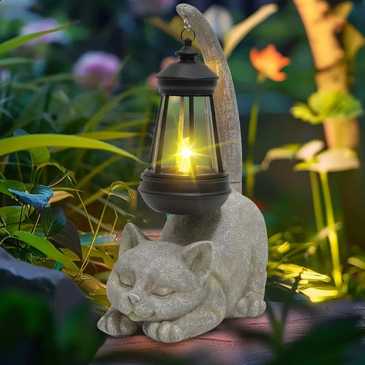 Solar Cat Lantern Sleeping Kitten Statue Light