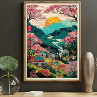 “Eternal Spring in Kyoto Valley” – Japanese Landscape Wall Art | Tranquil Mountain Scene with Sakura & Temple | KaizenScrolls™ Official Artwork