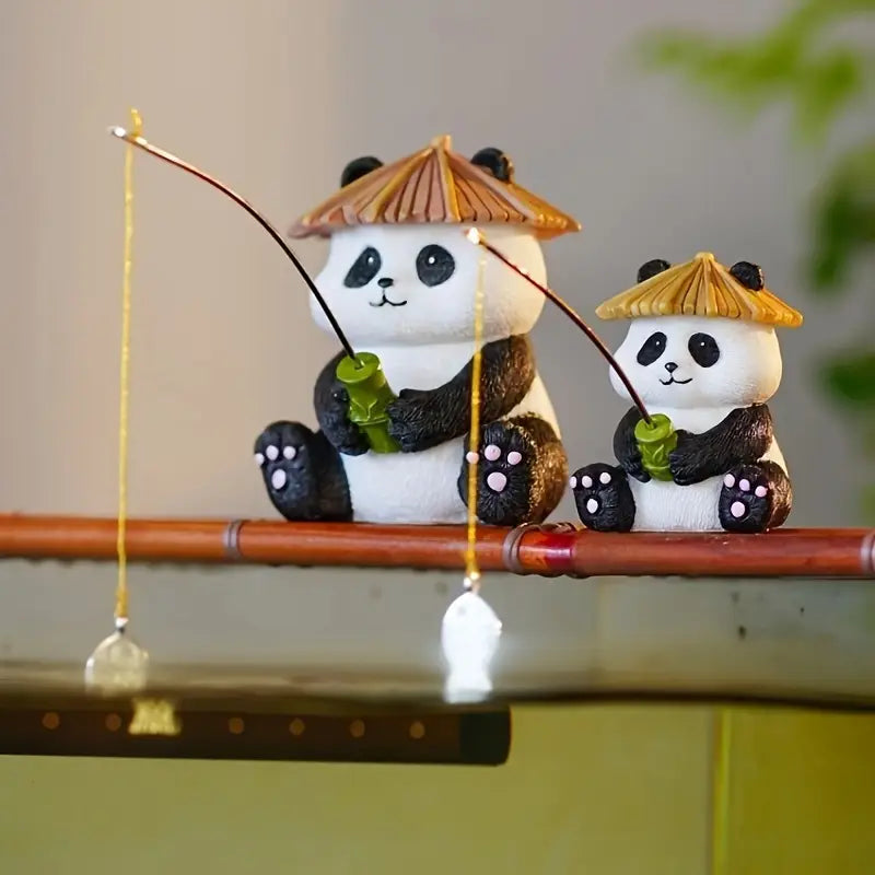 Charming Panda Fishing Family Resin Statue