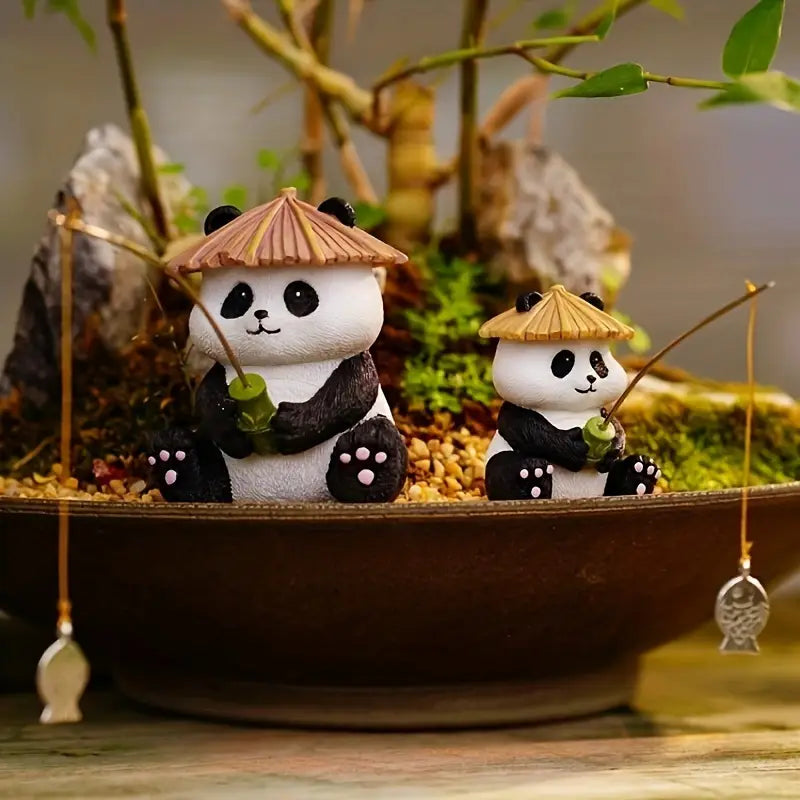 Charming Panda Fishing Family Resin Statue