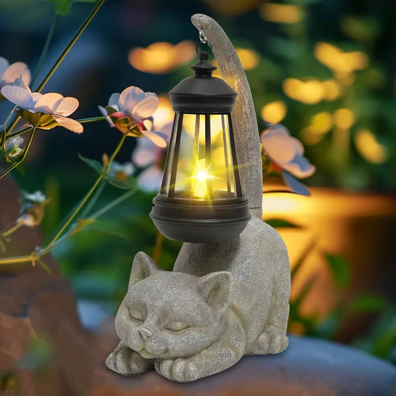 Solar Cat Lantern Sleeping Kitten Statue Light