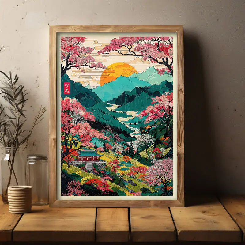 “Eternal Spring in Kyoto Valley” – Japanese Landscape Wall Art | Tranquil Mountain Scene with Sakura & Temple | KaizenScrolls™ Official Artwork