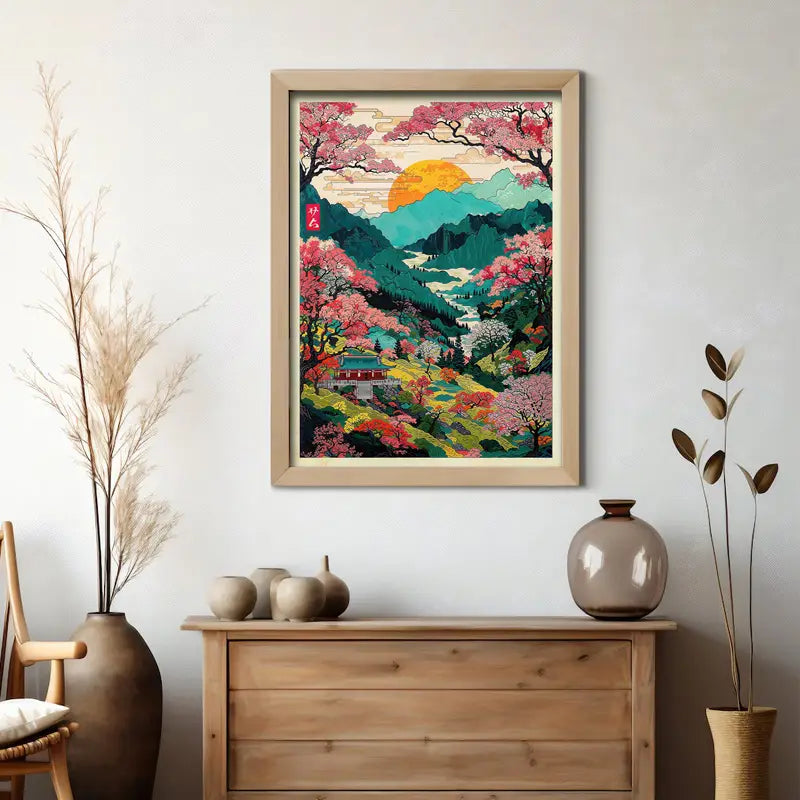 “Eternal Spring in Kyoto Valley” – Japanese Landscape Wall Art | Tranquil Mountain Scene with Sakura & Temple | KaizenScrolls™ Official Artwork