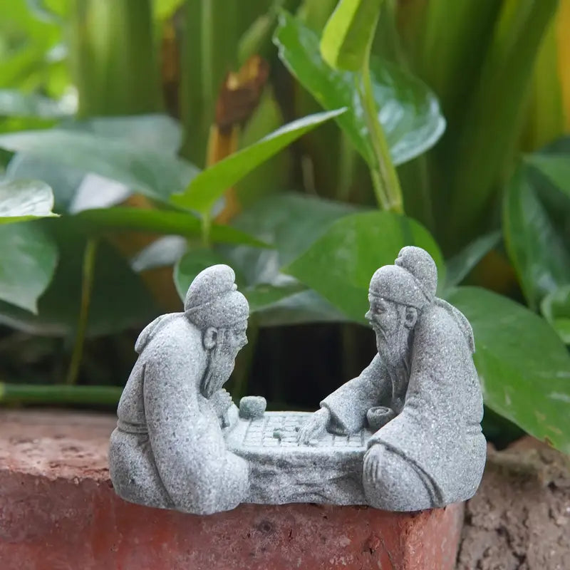 Elderly Go Players Hand-Carved Stone Statue