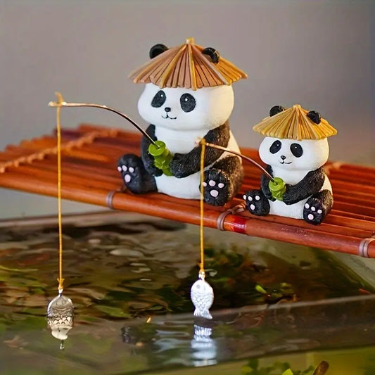 Charming Panda Fishing Family Resin Statue