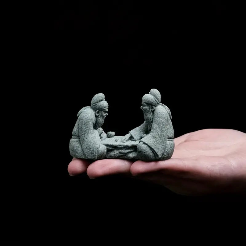 Elderly Go Players Hand-Carved Stone Statue