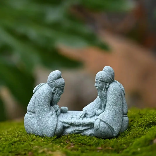 Elderly Go Players Hand-Carved Stone Statue