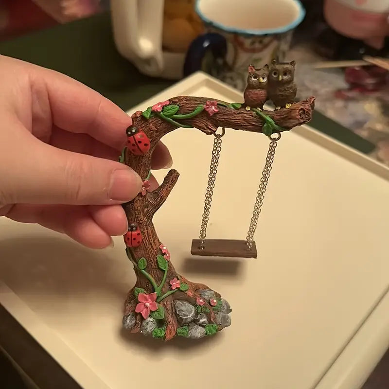 Whimsical Resin Owl Swing Garden Ornament