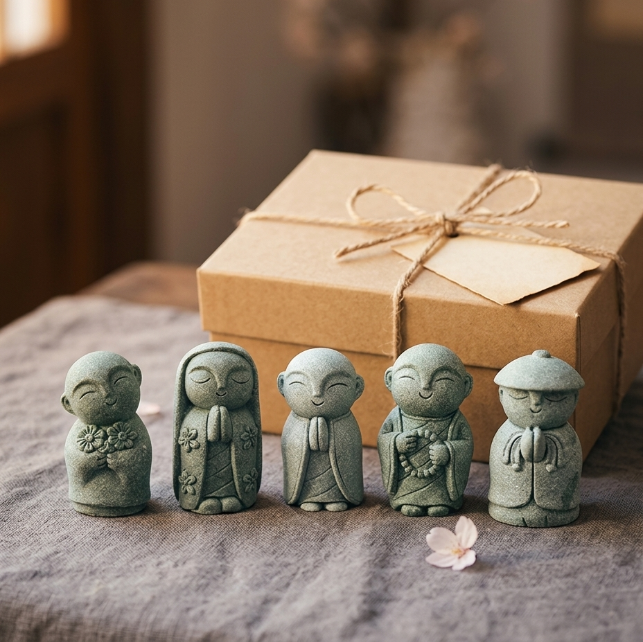 KaizenScrolls™ Handcrafted Stone Zen Jizo Statue Full Set