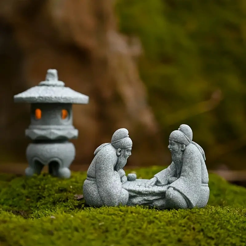 Elderly Go Players Hand-Carved Stone Statue