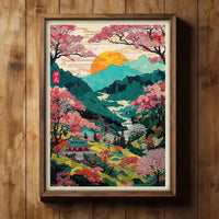 “Eternal Spring in Kyoto Valley” – Japanese Landscape Wall Art | Tranquil Mountain Scene with Sakura & Temple | KaizenScrolls™ Official Artwork