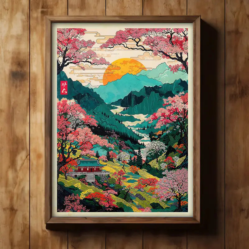 “Eternal Spring in Kyoto Valley” – Japanese Landscape Wall Art | Tranquil Mountain Scene with Sakura & Temple | KaizenScrolls™ Official Artwork
