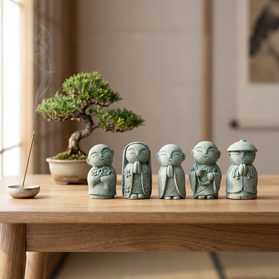 KaizenScrolls™ Handcrafted Stone Zen Jizo Statue Full Set