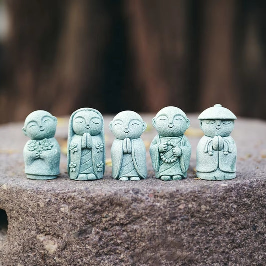 Mini Japanese Zen Monk Statues – 5-Piece Jizo Figurine Set for Bonsai, Garden & Home Decor